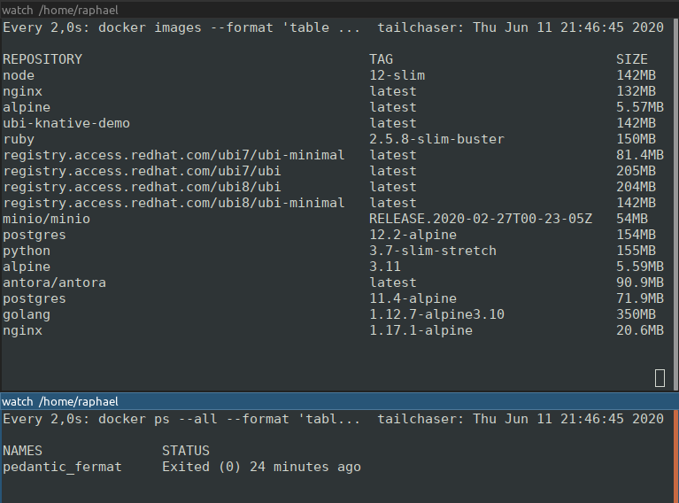 Live container and image lists in terminals